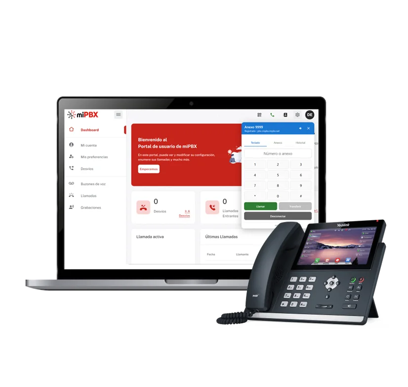 Portal de usuario de miPBX en un notebook y un teléfono IP Yealink